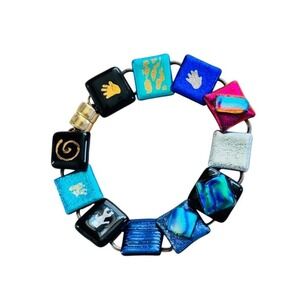VTG Dichroic Art Glass Bracelet Beaded Square Beads Link Artisan Foil Flashy 90s